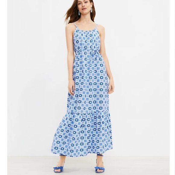 LOFT Dresses & Skirts - LOFT Blue and White Strappy Flounce Maxi Dress Size Large